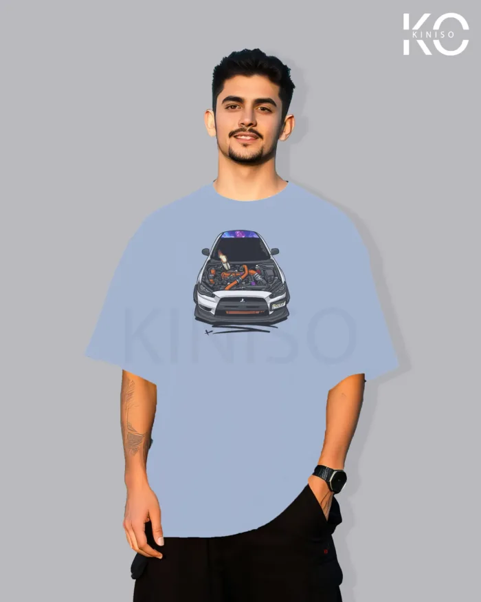 Image of Sky Blue color drop shoulder t-shirt with Racing Car Hood Open Print for men at reasonable price